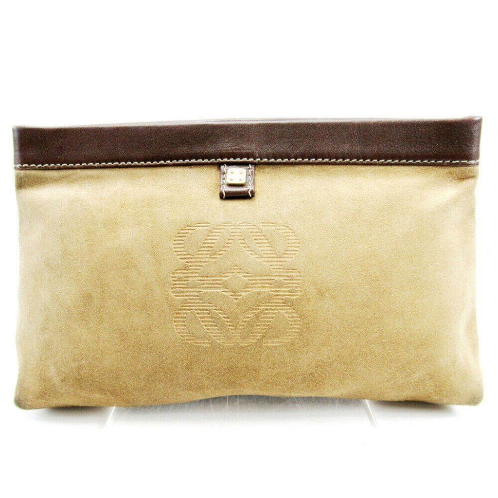Auth Loewe Clutch Bag Anagram Beige Suede Leather Auth Used T10468